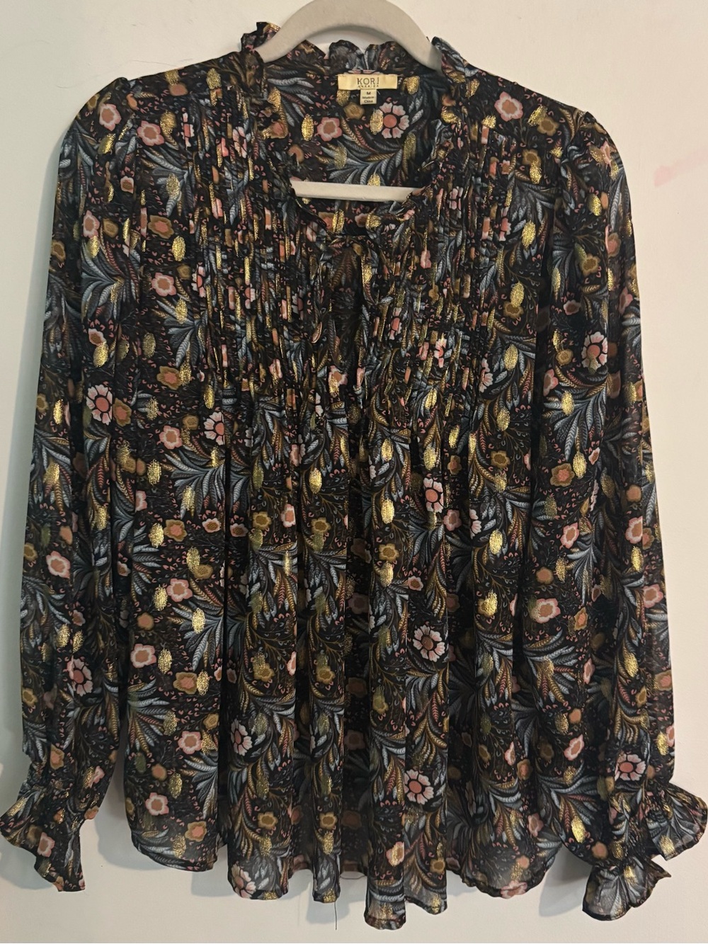 Kori America Womens Sz Med Floral Metallic Print Pintuck Peasant Top Bohemian